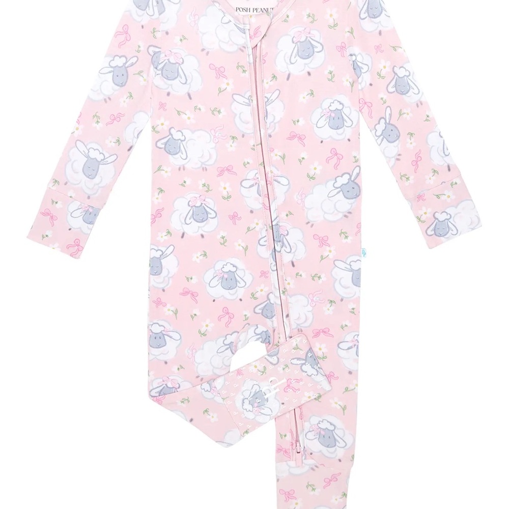Posh Peanut Pink Lamb Print Zippered Kids One-Piece